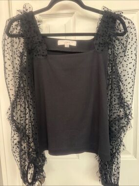 LOFT Black Off-Shoulder Sweater with Sheer Polka Dot Sleeves